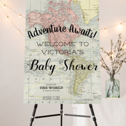Vintage Map Adventure Awaits Baby Shower Sign