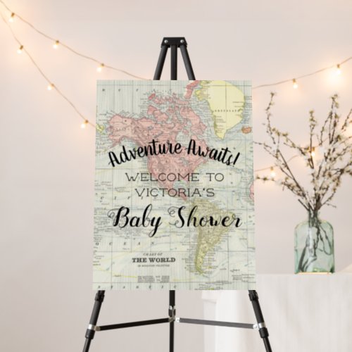 Vintage Map Adventure Awaits Baby Shower Sign