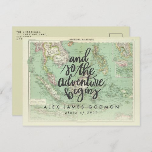 Vintage map adventure begins unique graduation invitation postcard