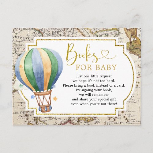 Vintage Map Air Balloon Baby Shower Books for Baby Invitation Postcard