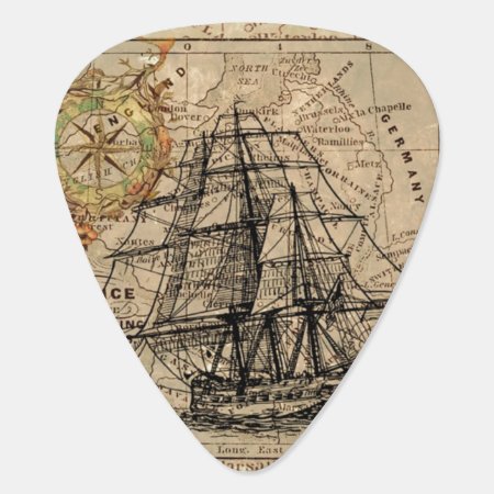 Vintage Map And Ship Guitar Pick