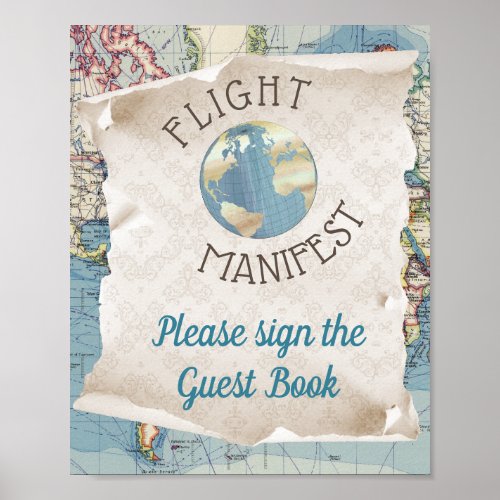 Vintage Map Baby Shower Guest Book Table Sign