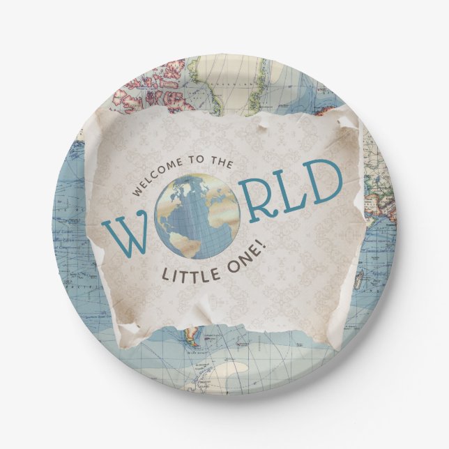 Vintage Map Baby Shower Paper Plates (Front)