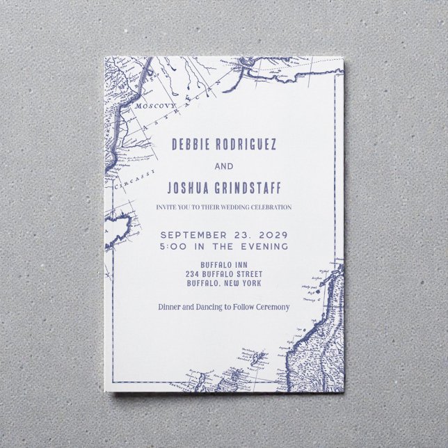 Vintage Map Blue on White Wedding Invitation (Creator Uploaded)
