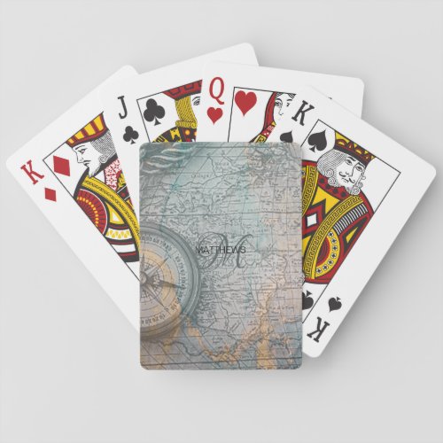 Vintage Map Compass Monogram Poker Cards