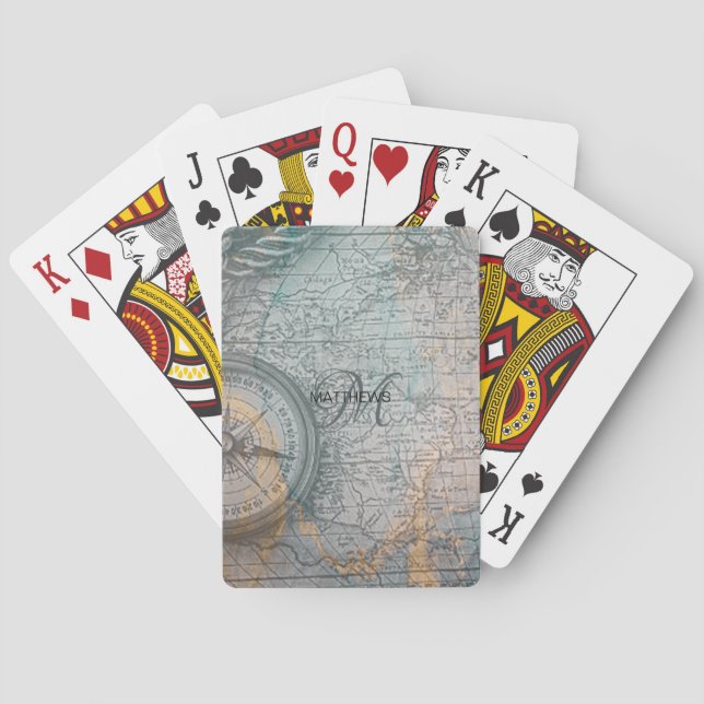 Vintage Map Compass Monogram Poker Cards (Back)