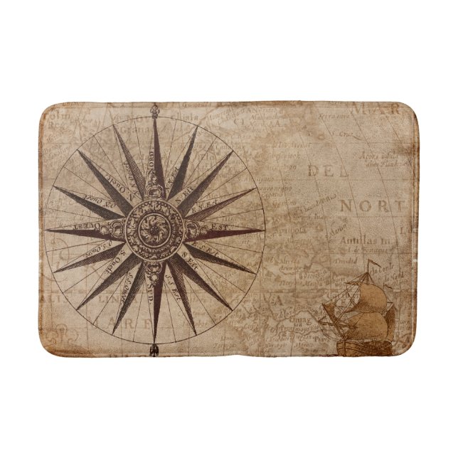 Vintage Map Compass Nautical Travel Bath Mat (Front)