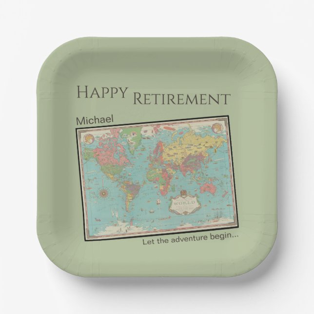 Vintage Map Custom Retirement Party  Paper Plates (Front)