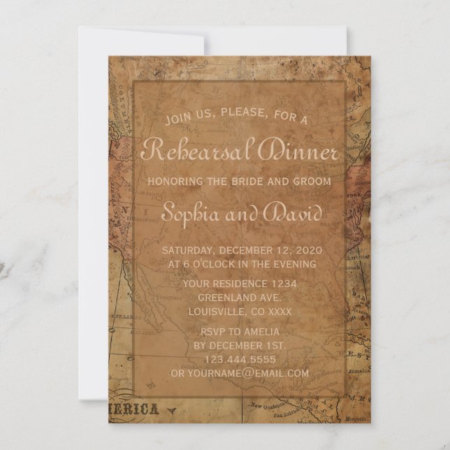 Vintage Map Destination Rehearsal Dinner Invite (Front)