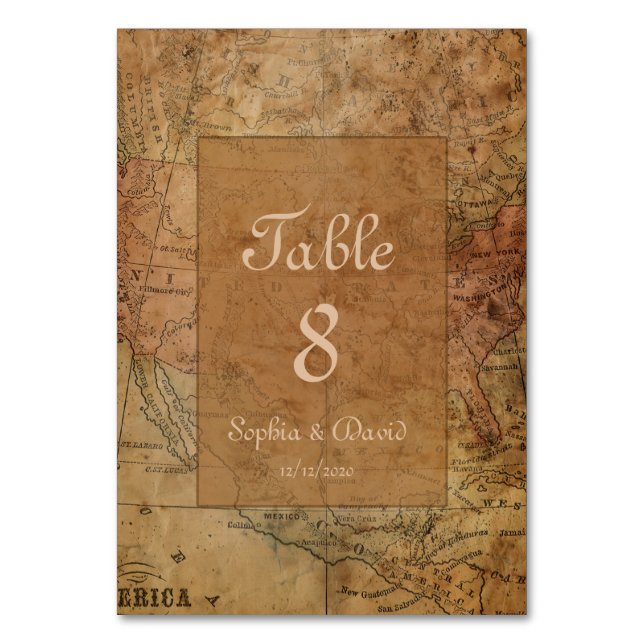 Vintage Map Destination Wedding Custom Monogram Table Number (Front)