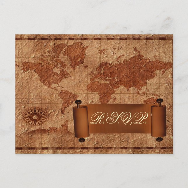 vintage map destination Wedding rsvp card (Front)