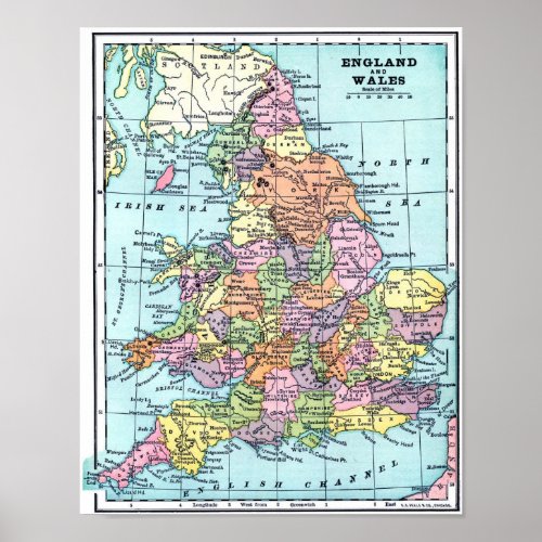 Vintage Map _ England  Wales Poster
