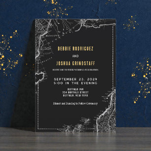 Vintage Map Gold on Black Wedding Invitation