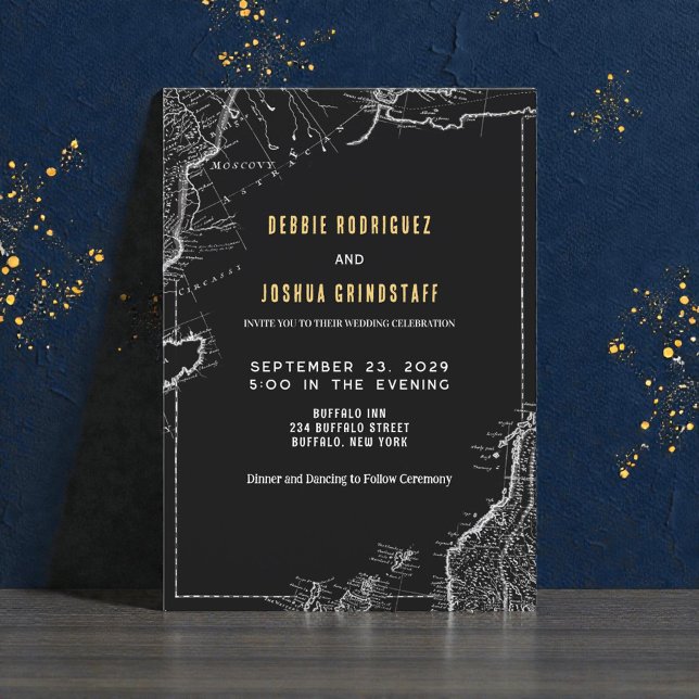 Vintage Map Gold on Black Wedding Invitation (Creator Uploaded)