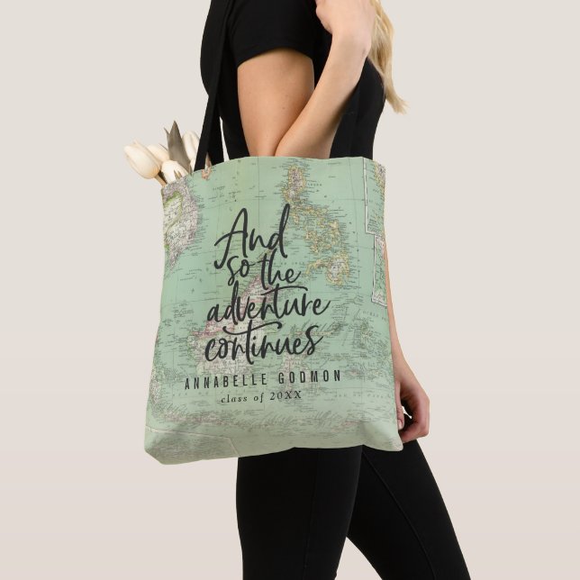 Vintage map graduation adventure script tote bag (Close Up)