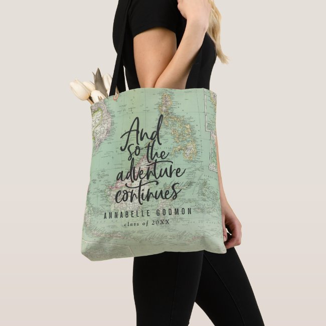 Vintage map graduation adventure script tote bag