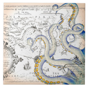 Vintage Map Grunge Tentacles Ceramic Tile