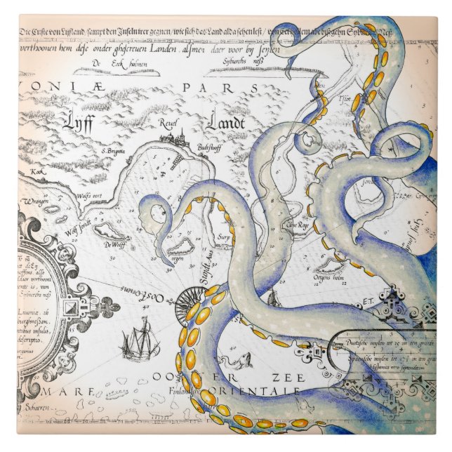 Vintage Map Grunge Tentacles Ceramic Tile (Front)