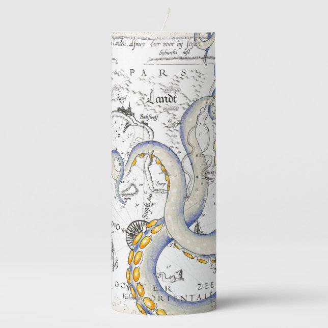 Vintage Map Grunge Tentacles Pillar Candle (Front)