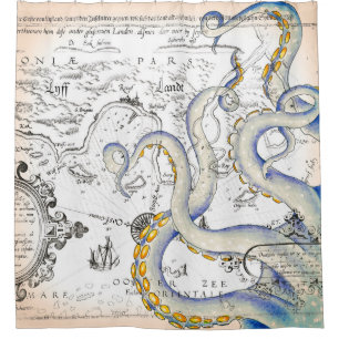 Vintage Map Grunge Tentacles Shower Curtain