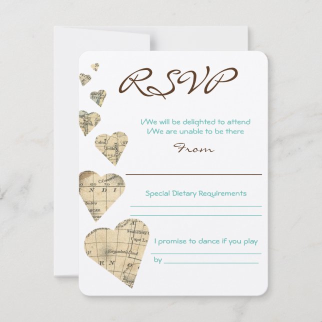 Vintage Map Hearts RSVP Card (Front)