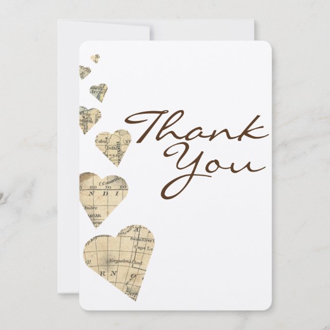 Vintage Map Hearts Thank You card (Front)