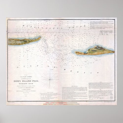 Vintage Map Horn Island Pass MS and LA 1853 Poster