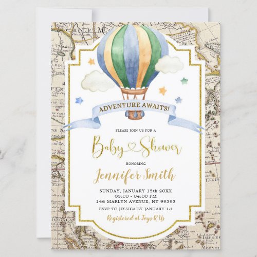 Vintage Map Hot Air Balloon Adventure Baby Shower Invitation