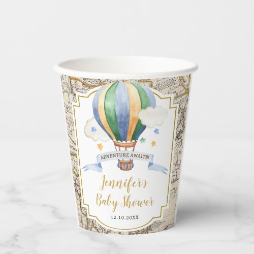 Vintage Map Hot Air Balloon Adventure Baby Shower Paper Cups