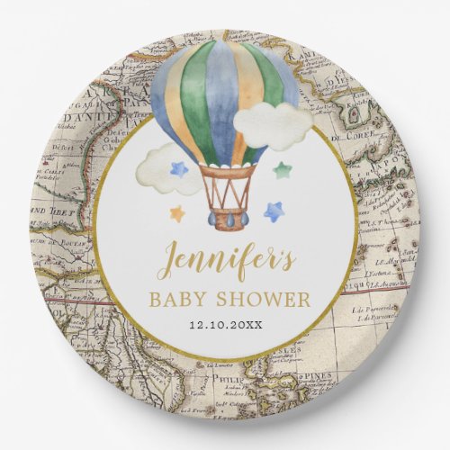 Vintage Map Hot Air Balloon Adventure Baby Shower Paper Plates