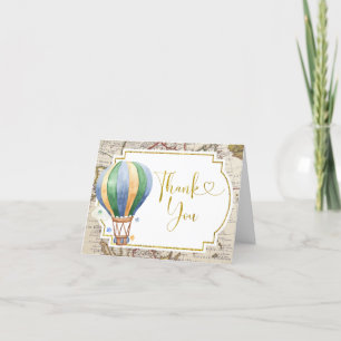 Vintage Map Hot Air Balloon Baby Shower Folded Letterpress Thank You Card