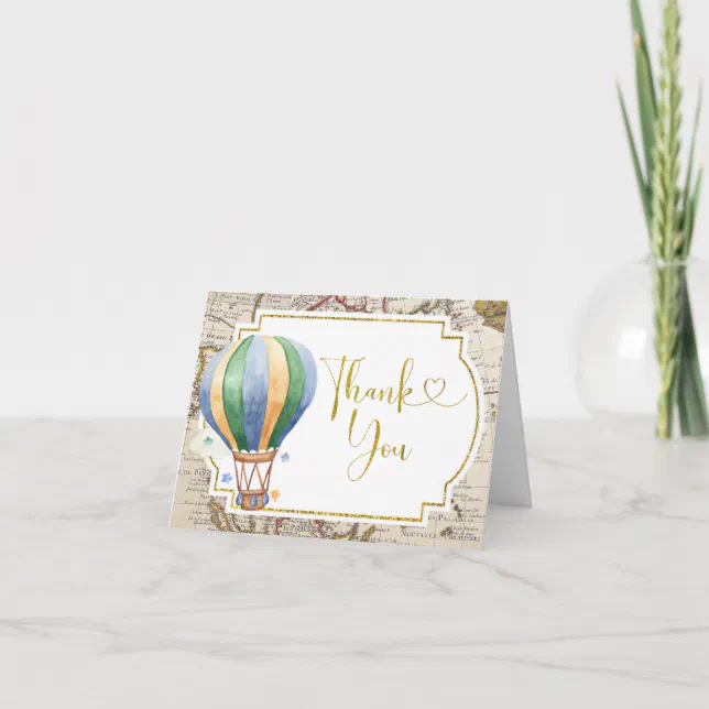 Vintage Map Hot Air Balloon Baby Shower Folded Thank You Card | Zazzle