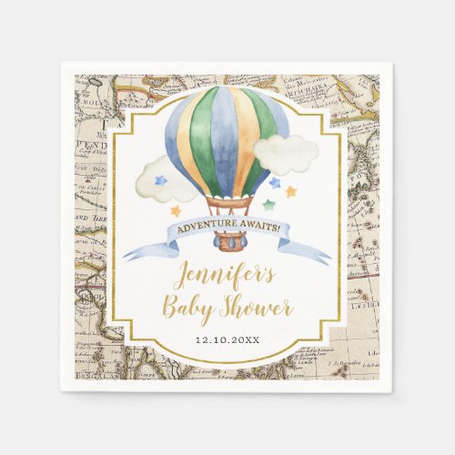 Vintage Map Hot Air Balloon Baby Shower Paper Napkins