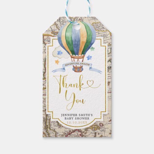 Vintage Map Hot Air Balloon Baby Shower Thank You Gift Tags