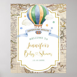 Vintage Map Hot Air Balloon Baby Shower Welcome Poster