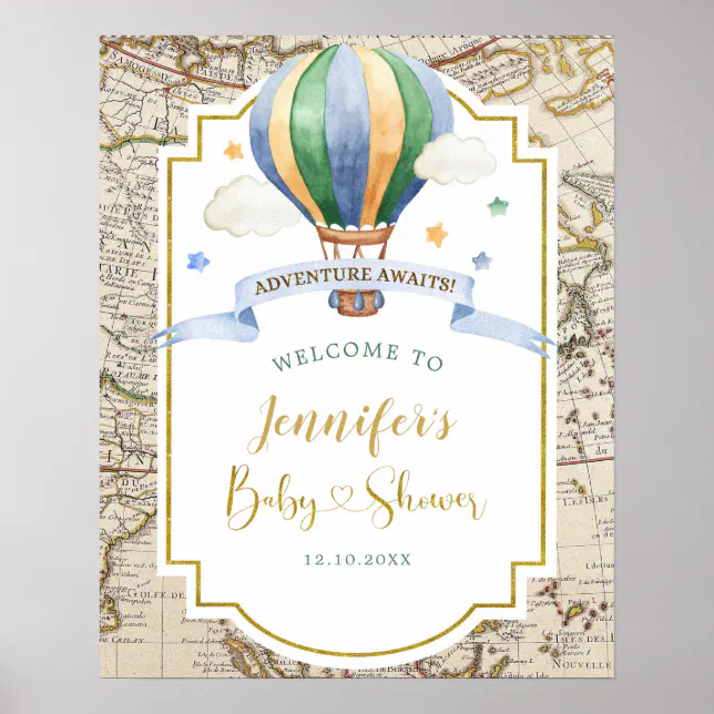 Vintage Map Hot Air Balloon Baby Shower Welcome Poster | Zazzle