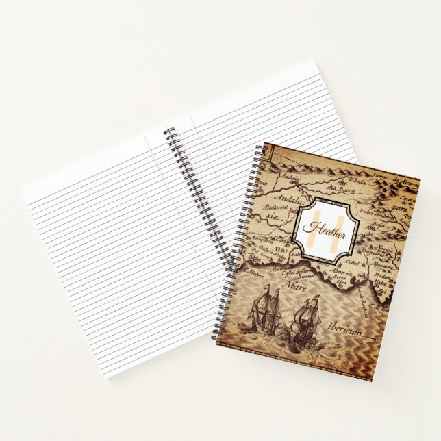 Vintage Map Initial Letter Monogram Name Custom Notebook (Inside)