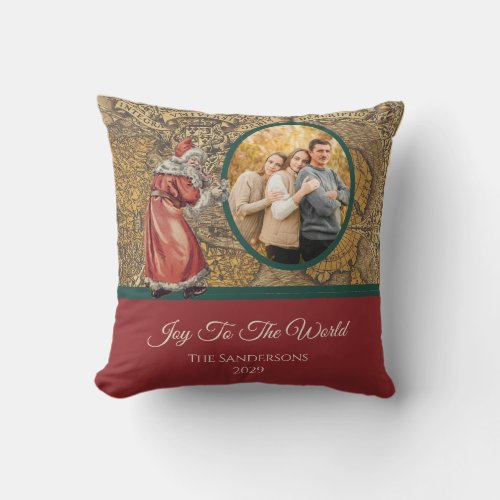 Vintage Map Joy to the World  Santa Claus Throw Pillow