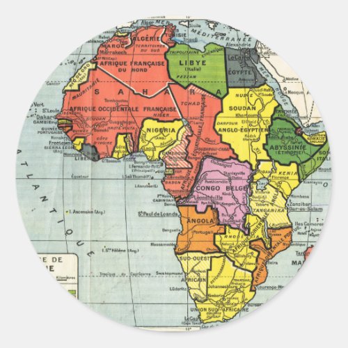 Vintage map of AFrica French text Classic Round Sticker