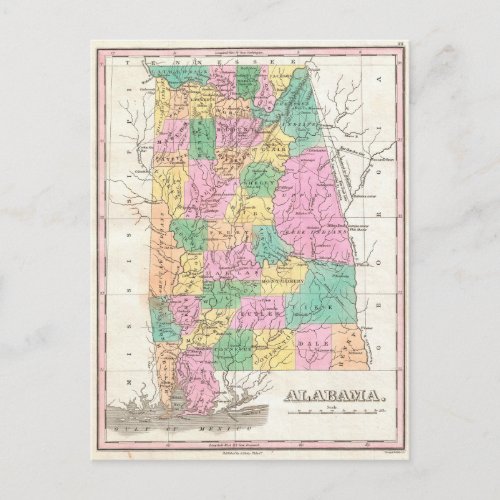 Vintage Map of Alabama 1827 Postcard
