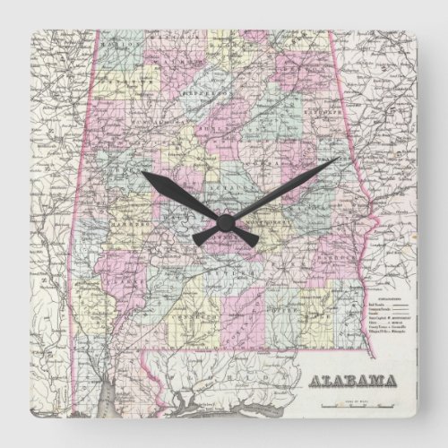 Vintage Map of Alabama 1855 Square Wall Clock