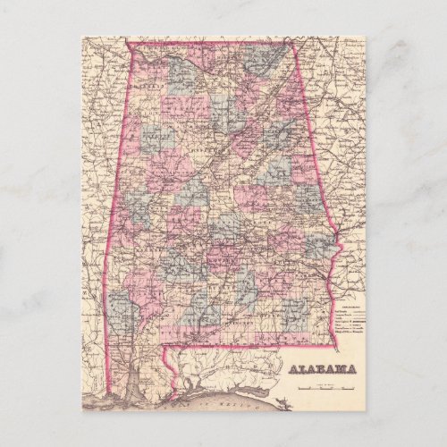 Vintage Map of Alabama Counties 1876 Postcard