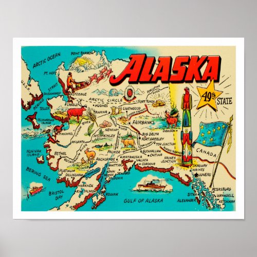 Vintage map of Alaska in fun retro colors Poster
