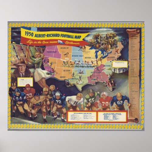 Vintage Map of American Football from the 1950s Poster