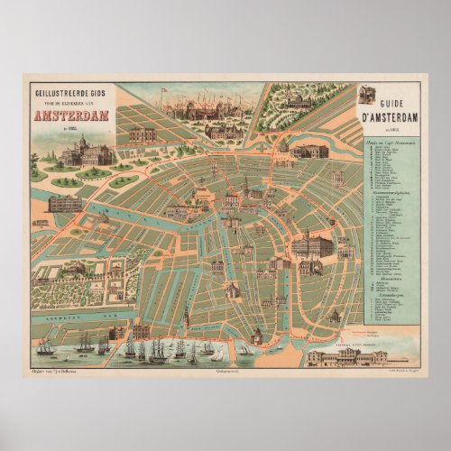 Vintage Map of Amsterdam 1883 Poster