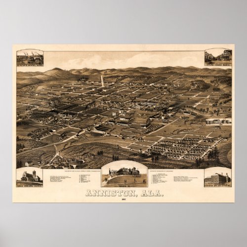 Vintage Map of Anniston Alabama 1887 Poster