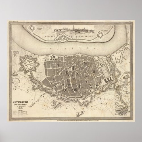 Vintage Map of Antwerp Belgium 1845 Poster