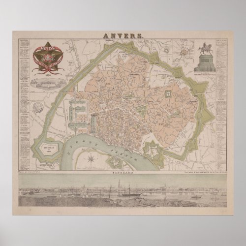 Vintage Map of Antwerp Belgium 1870 Poster