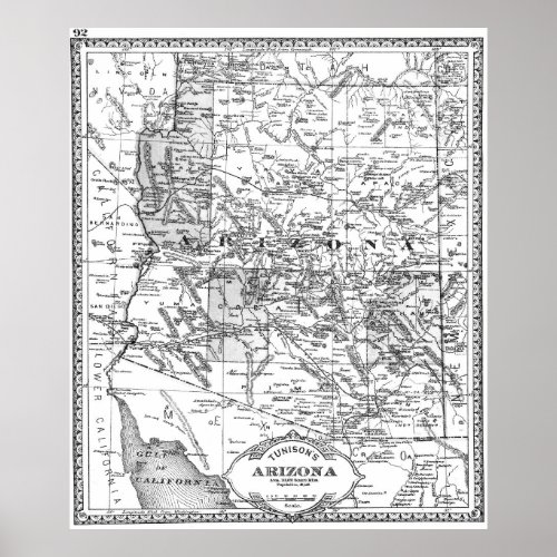 Vintage Map of Arizona 1881 BW Poster
