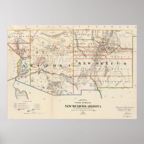 Vintage Map of Arizona and New Mexico 1866 Poster